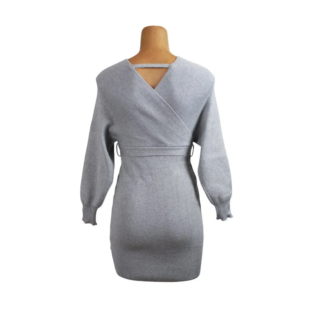 Crossover V-neck Mini Sweater Dress - Picture 2 of 15